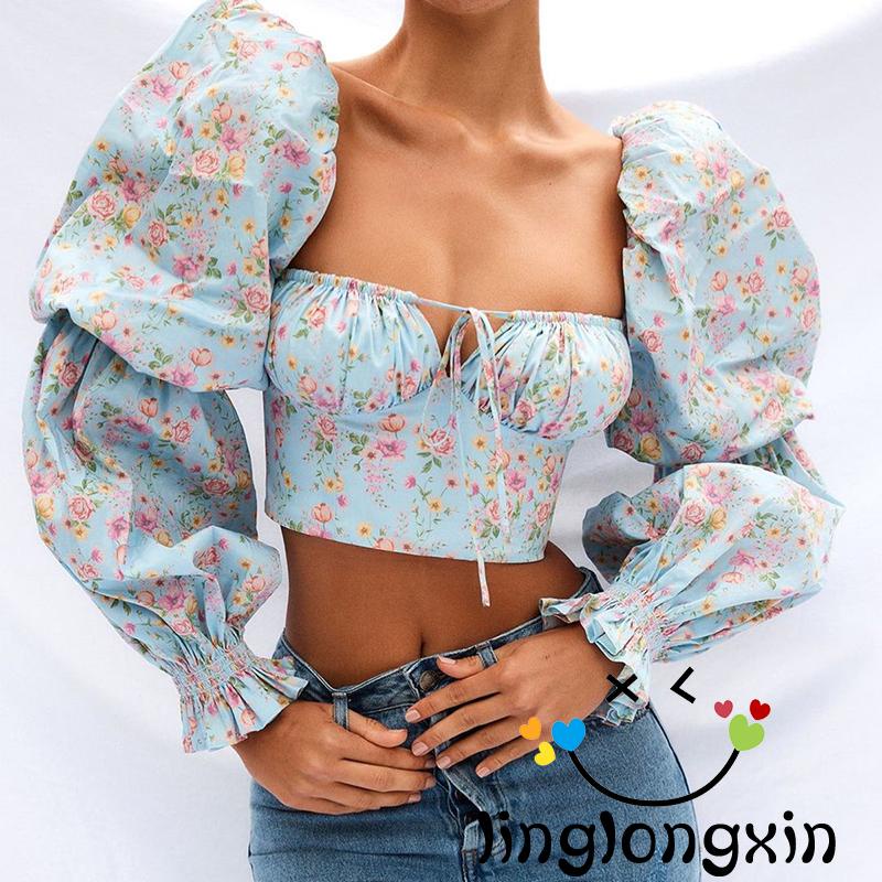 Áo thun tay phồng cổ vuông hở rốn thời trang cho nữ