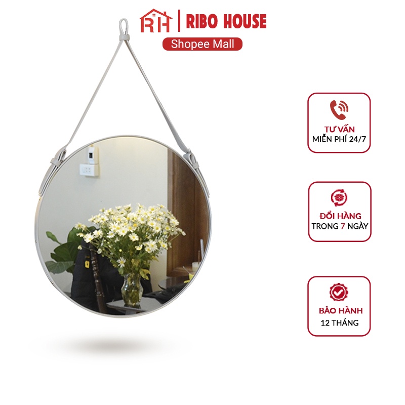 Gương trang điểm RIBO HOUSE chất liệu dây da, gương tròn trang trí phòng ngủ nhà tắm decor quán cafe nails RIBO41