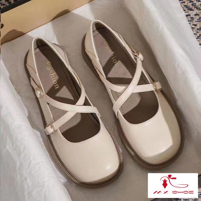 M & X ~  Giày Da Mũi Tròn Phong Cách Retro Pháp Cho Nữ