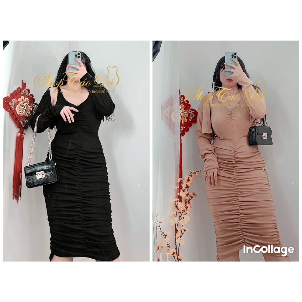 (TÁO ĐỎ BIGSIZE 55-90KG) Đầm tiệc cổ v ôm body nhún sexy+ kèm áo khoác sang chảnh S35 (ảnh thật shop chụp 100%) 🍎🍎🍎