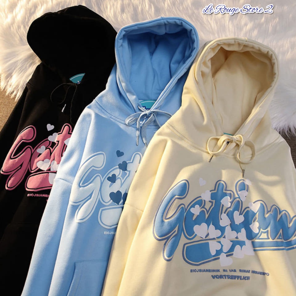 (Order) Áo hoodie áo nỉ có mũ nữ form dáng rộng in chữ Gation trái tim font chữ nổi đáng yêu 3 màu