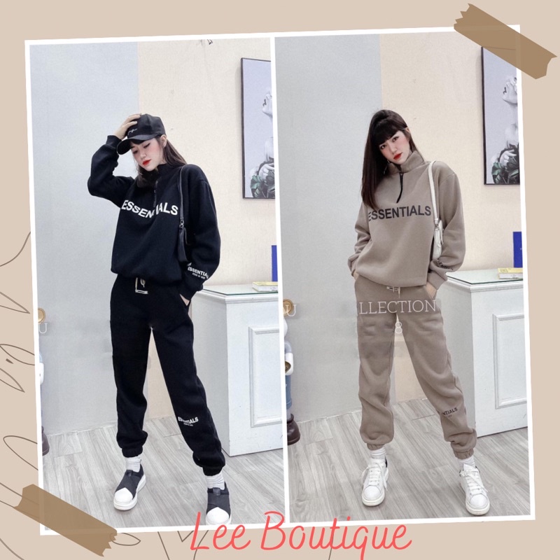 [ XẢ KHO NGHỈ TẾT] Set bộ nỉ lót bông thể thao chữ essentials khoá cổ - LEE BOUTIQUE