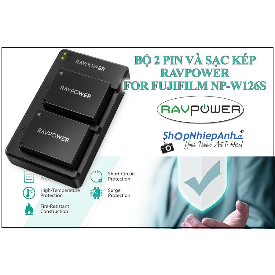 BỘ 2 PIN VÀ SẠC KÉP RAVPOWER FOR FUJIFILM NP-W126S X-A X-E X-H X-T X-M X-PRO SERIES