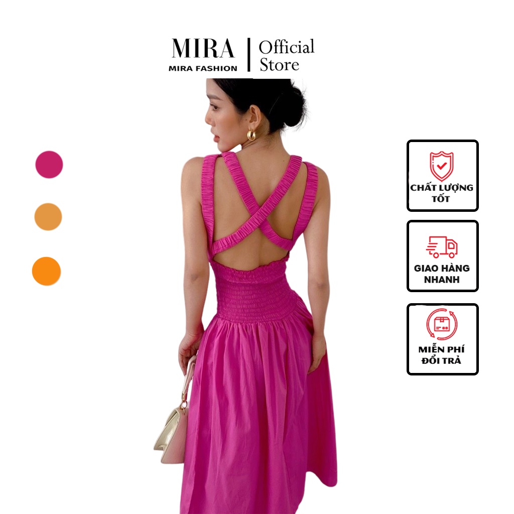 Váy Xoè Nhún Eo Cổ Tròn Hở Lưng Dây Đan Chéo,Đầm Dự Tiệc Thiết Kế Form Chuẩn Cao Cấp - MIRA Fashion