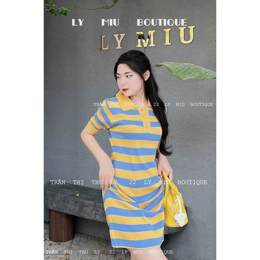 VÁY LEN CỔ POLO PHỐI KẺ SỌC DÁNG NGẮN, DẦM SUÔNG CHẤT LEN MONGTOGHI CHUẨN HÀNG QUẢNG CHÂU