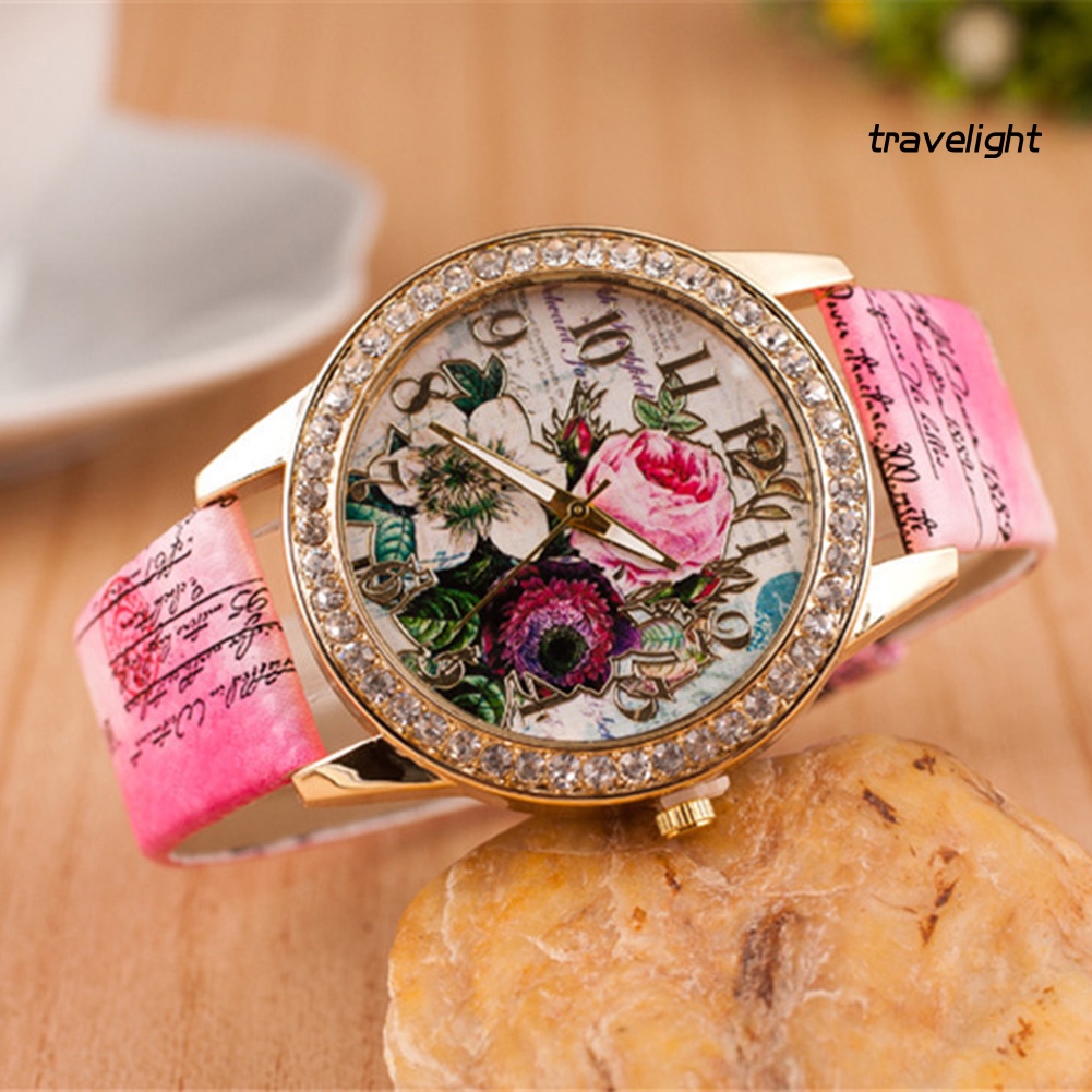 Đồng Hồ MặT TròN ĐíNh Đá HìNh Hoa Dây Đeo Giả Da ThờI Trang Cho Nữ