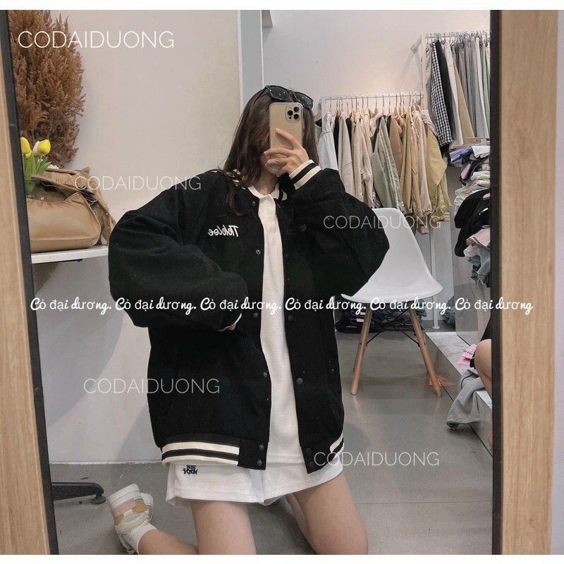 Áo khoác bomber unisex nam nữ tay viền chất nhung tăm thêu Tikker