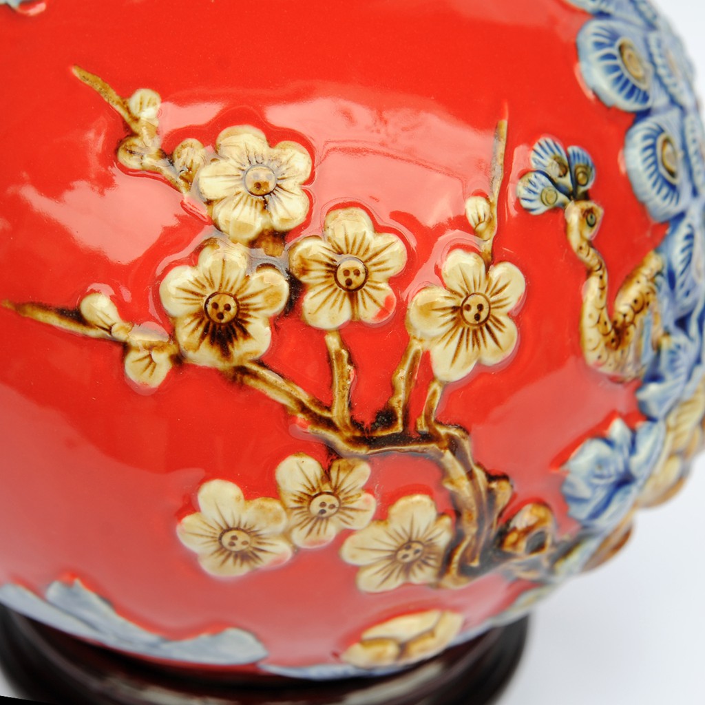 Bình Hút Tài Lộc gốm Bát Tràng - họa tiết chim công hoa đào size 22 cm - Trang trí phong thủy