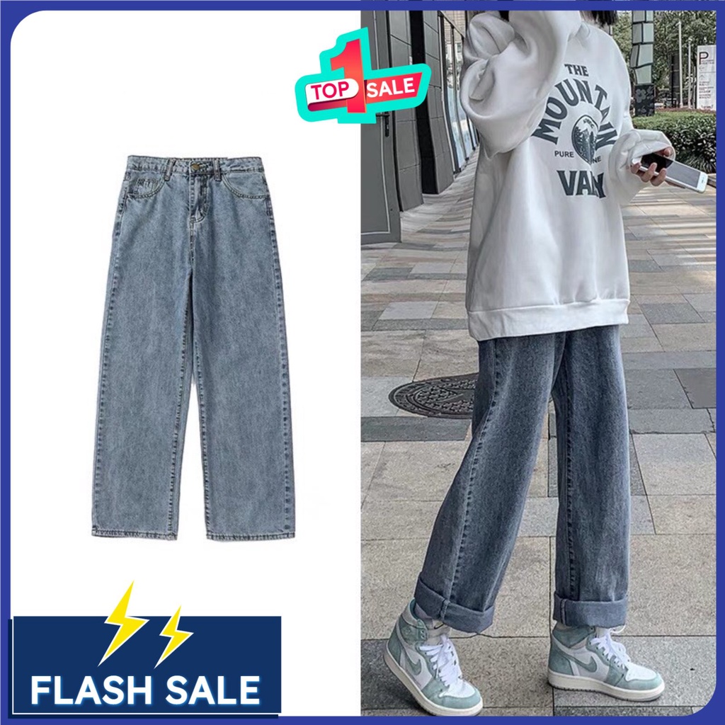 Quần jean ống rộng cạp cao ulzzang QJ2 jeangenz, quần bò nữ baggy ống đứng vải bò dày đẹp | BigBuy360 - bigbuy360.vn