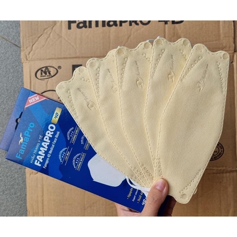 Hộp 10 Cái Khẩu Trang 4D famapro N95 KF94 Công Ty Thiết Bị Y Tế Nam Anh màu vàng kem nhạt