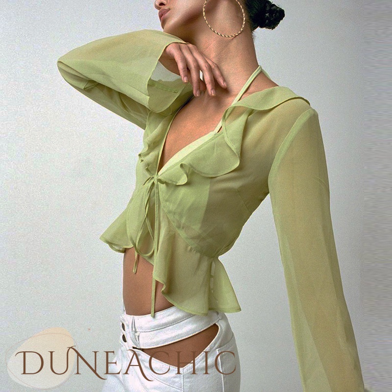 DUNEA Áo Kiểu Tay Dài Cổ Chữ V Thắt Nơ Thời Trang Cho Nữ