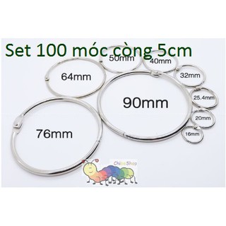 Set 100 cái móc còng, khoen vòng, khuyên tròn 5cm đóng gáy sách vải, sổ, làm thẻ học cho bé