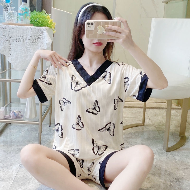 New V-collar pajamas, summer shorts, Korean version, lovely cartoon leisure, thin ladies' set, home clothes.