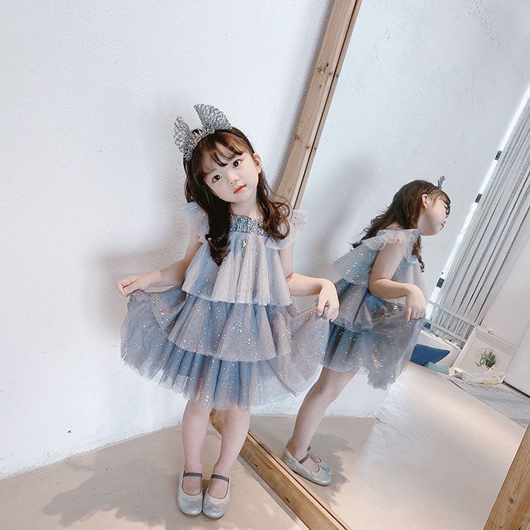 Đầm Công Chúa Phối Ren Đính Kim Sa Ngôi Sao Lấp Lánh Dành Cho Bé Gái 3-8 Tuổi