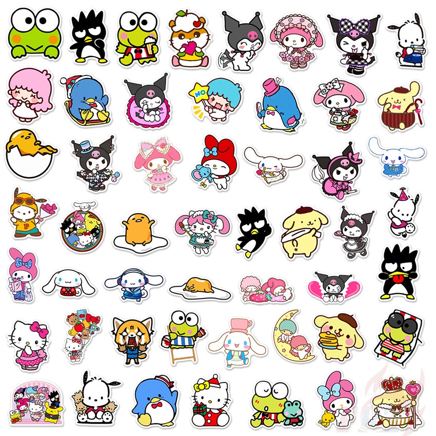 Set 100 miếng sticker nhân vật hoạt hình Melody Kuromi Kerokero Keroppi Cinnamoroll Hello Kitty dán trang trí DIY