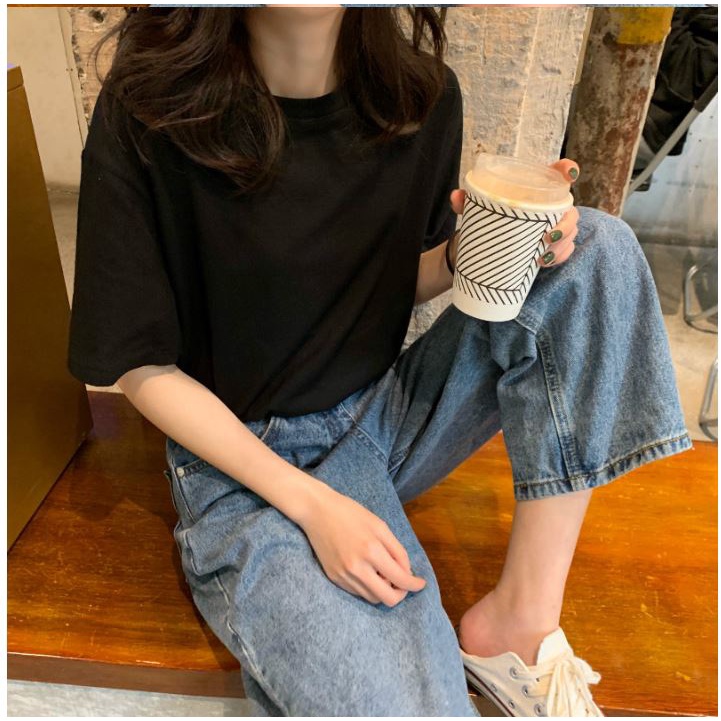 Áo thun nữ form rộng tay lỡ cổ tròn màu trắng style Hàn Quốc freesize dưới 55kg chất cotton dầy dặn