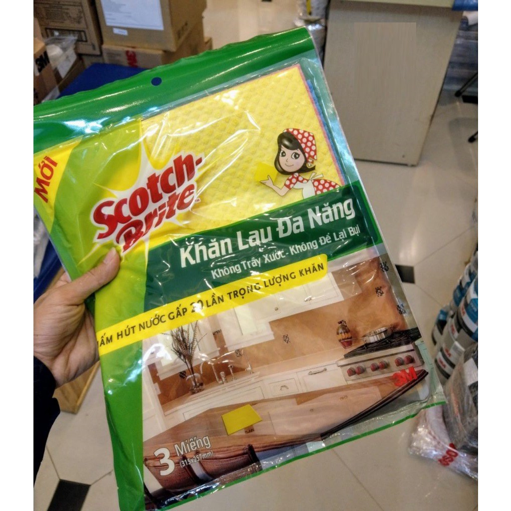 Gói 3 Miếng Khăn Lau Đa Năng Scotch-Brite 3M – 315 x 257 (cm) – Không Trầy Xước, Không Để Lại Bụi – Thấm Hút Gấp 20 Lần