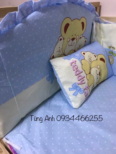 Bộ quây cũi kèm đệm và gối (mẫu gấu xanh Teddy Family 13)