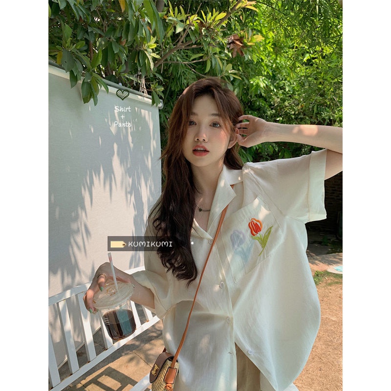 Áo Sơ Mi chiffon Mỏng Tay Ngắn Thêu Hình Hoa tulip Thời Trang Mùa Hè Hàn Quốc Dành Cho Nữ 2022