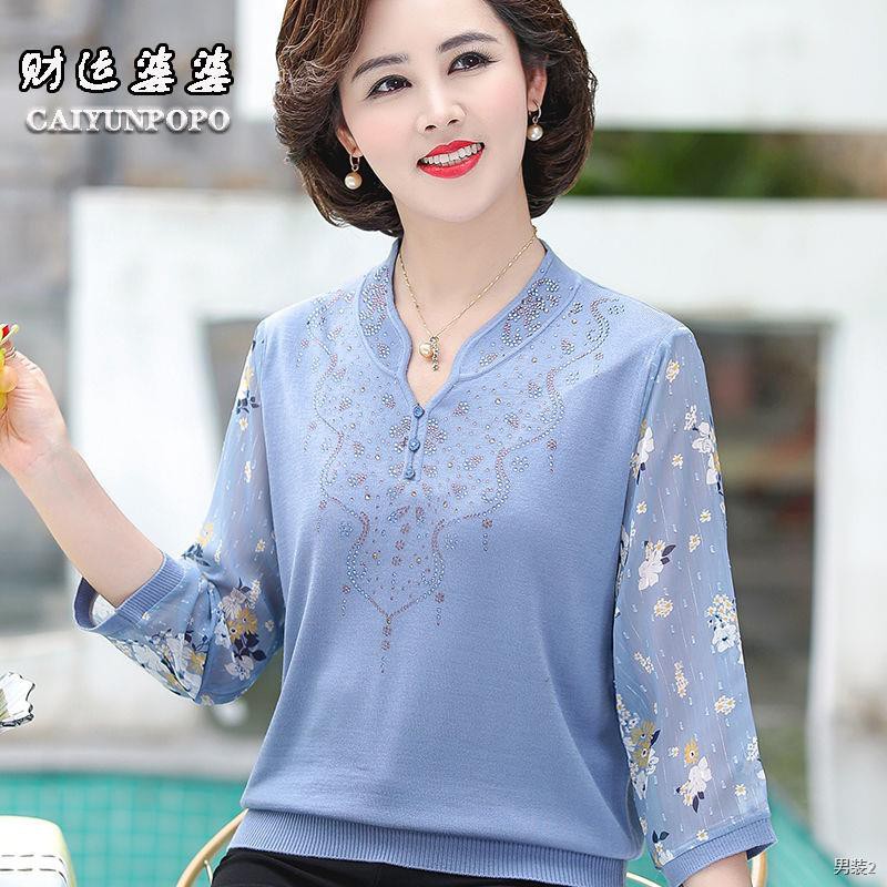 Mom mùa xuân phong cách mới kiểu phương tây sợi dệt kim tay áo T-shirt cho người trung niên và già sơ mi vải voan