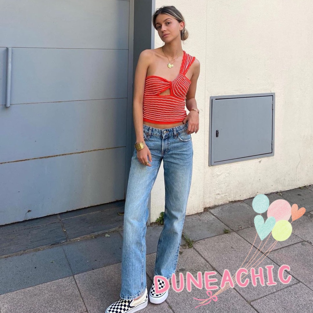 DUNEA Áo Tank Top Len Kẻ Sọc Một Bên Vai Thời Trang Cho Nữ