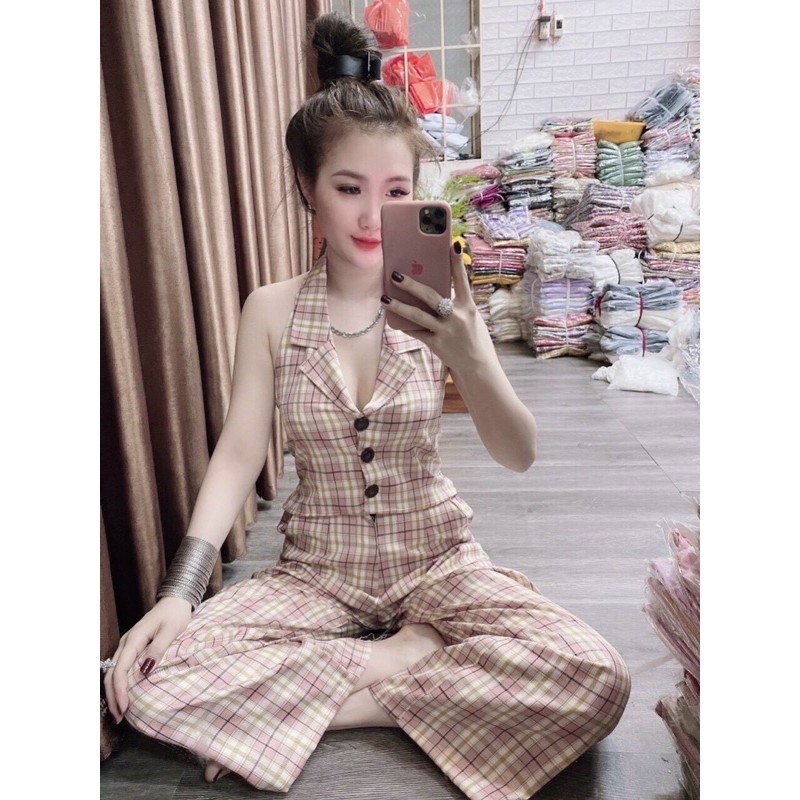 sét đồ bộ sọc karo áo cổ yếm phối nút hở lưng