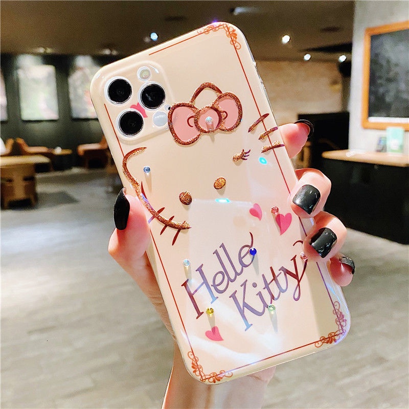Ốp điện thoại silicon epoxy in hello kitty đính đá thích hợp cho IPhone 7 8Plus 11 11pro 11promax SE X XS XR XSMAX