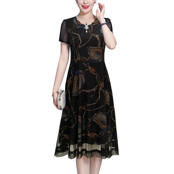 ĐẦM TRUNG NIÊN DỰ TIỆC KIỂU ĐẦM XÒE QUÝ BÀ CỔ GỢN SÓNG PHỐI PHỤ KIỆN THANH LỊCH 3332 3323