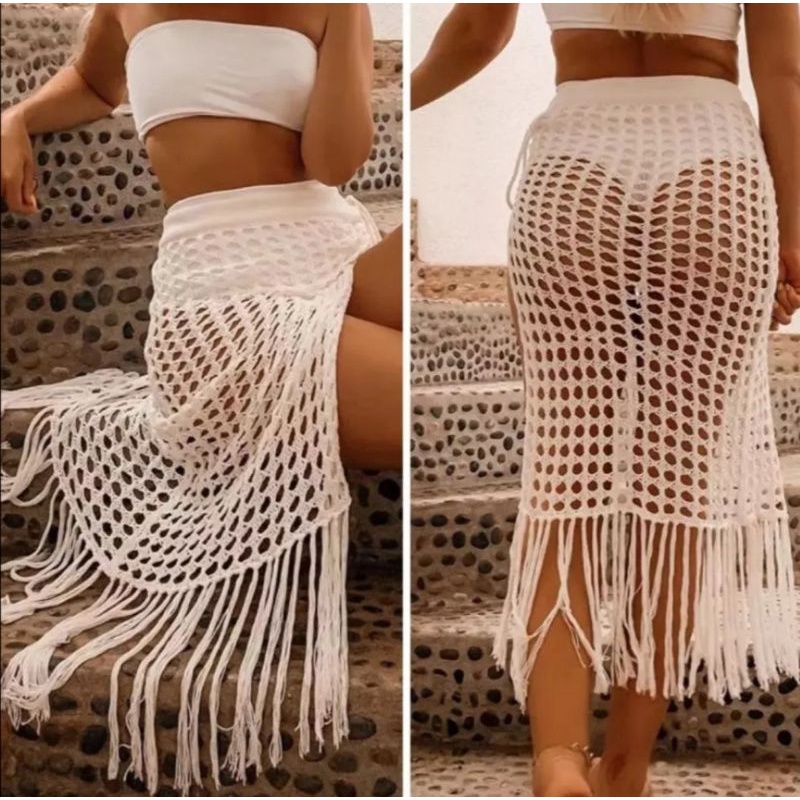 Khăn Quấn Bikini Len Lưới Tua Rua Xuyên Thấu Sexy, Sexy See Through Swimwear Sarong Lacy Cover Up