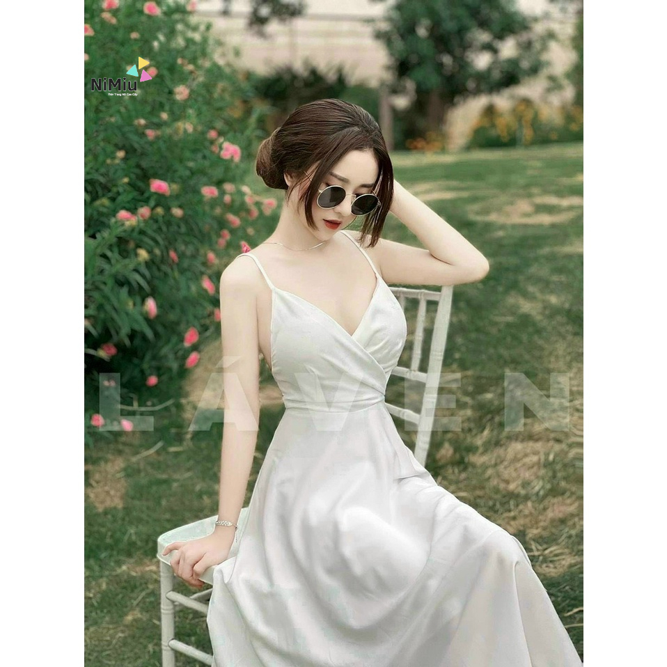Đầm nữ thời trang mặc đi chơi, Đầm lụa maxi 2 lớp 2 dây váy xoè hở lưng có mút