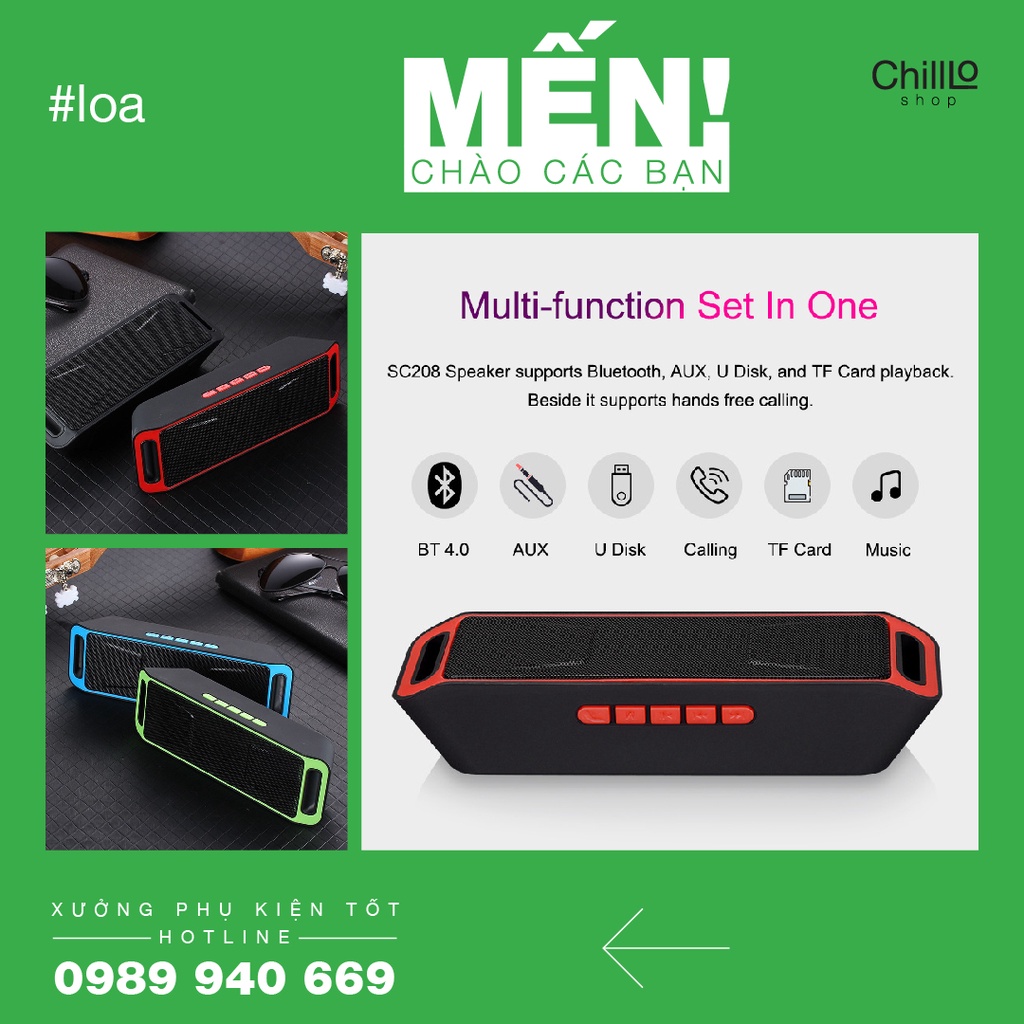 Loa Bluetooth Sc-208 Loa Kép Âm Thanh Cực Hay Bass Siêu Trầm Pin Khủng Kết Nối Bluetooth, Thẻ Nhớ TF, USB, Aux 3.5mm, FM