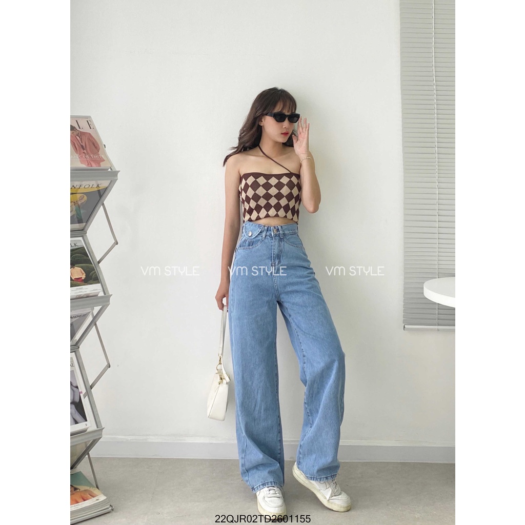 Quần jean ống rộng VM STYLE lưng cao phối 1 túi nhỏ, quần bò nữ cạp cao ống suông đứng ullzang Hàn Quốc 22QJR02TD2601