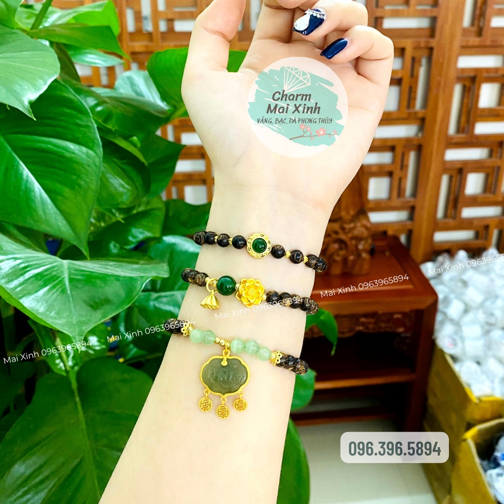 Vòng Tay Sánh Chìm Mix Hoa Sen, Khóa Trường Thọ, Hạt Đính Đá Ngoc Bọc Bạc 925 - Vòng tay gỗ tự nhiên nam nữ handmade