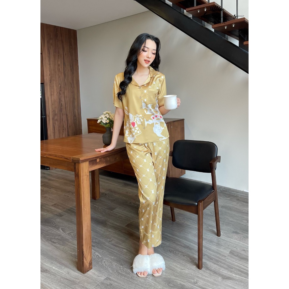 Hàng chính hãng ,bộ lụa hoạ tiết in hình thỏ quần dài tay cộc ANSS.22.027