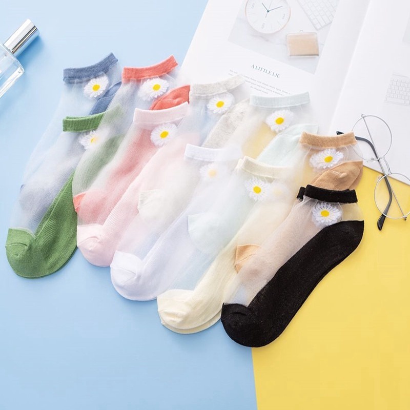 Vớ cổ ngắn siêu mỏng trong suốt in hình hoa cúc nhiều màu thời trang Nhật Bản