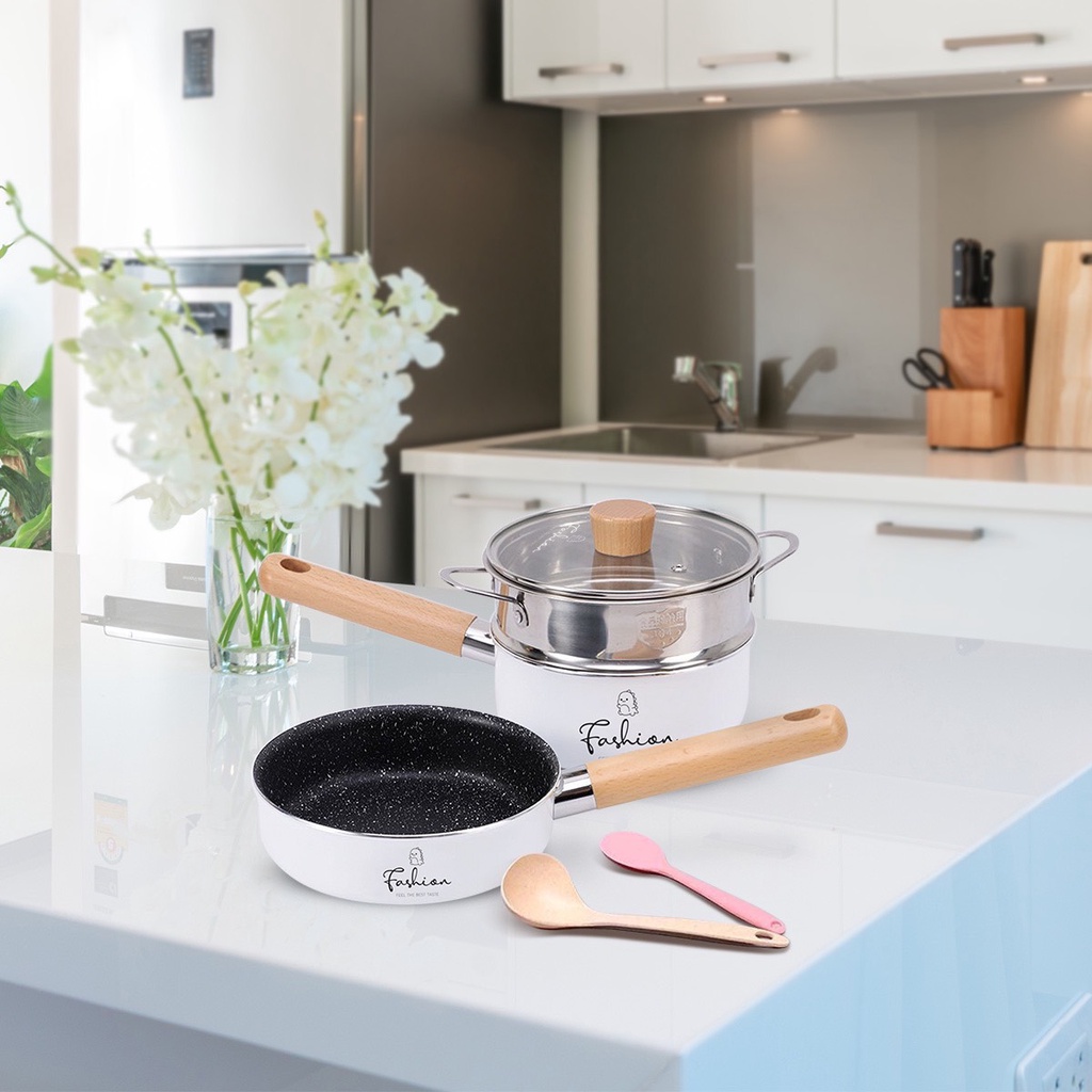 Bộ nồi chảo ăn dặm cho bé Fashion khủng long 16cm kèm xửng hấp