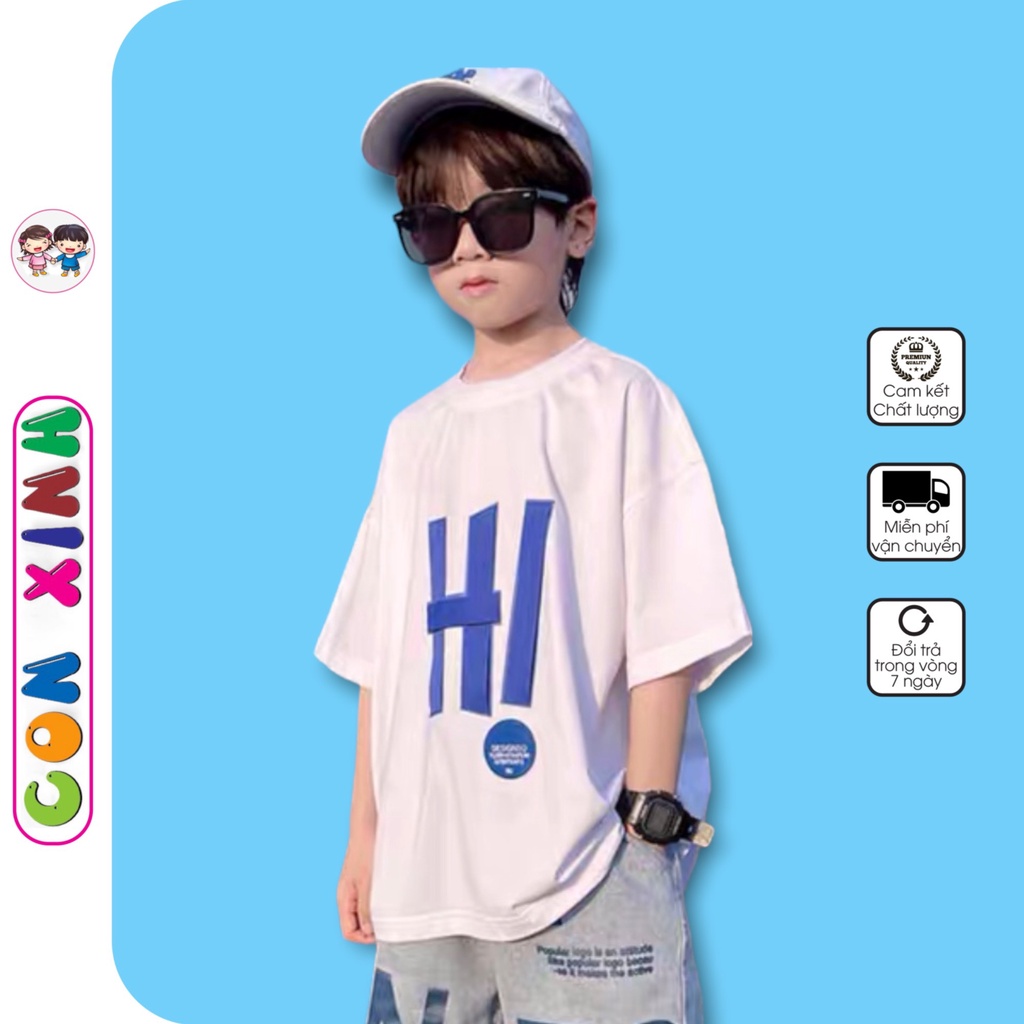 Áo thun bé trai Con Xinh cotton in chữ HI.,thời trang dành cho trẻ em từ 4 đến 10 tuổi