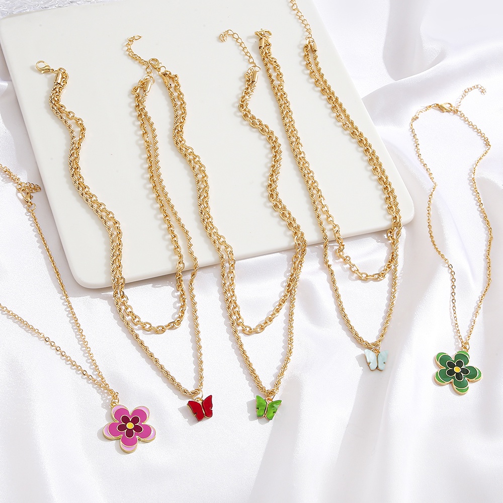 Vòng cổ nhiều lớp bằng kim loại mặt hình hoa và bướm thời trang cho nữ