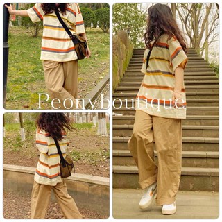 Set Kaki Thun Kẻ Ngang PEONYB Nữ [FREESHIP] 🌸 Bộ quần suông ống rộng kèm áo phông tay lỡ form rộng cá tính Ulzzang 🌸