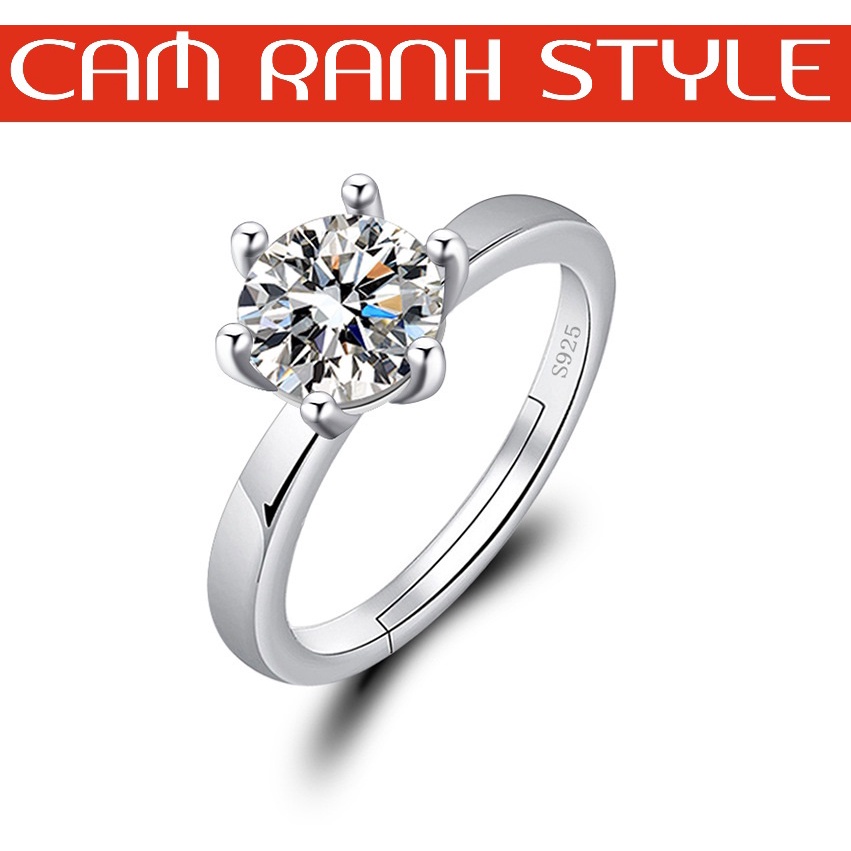 093-Nhẫn đồng mạ bạc 1 hạt đá nhân tạo 6 cạnh, kiểu đơn giản sang trọng (cỡ điều chỉnh)