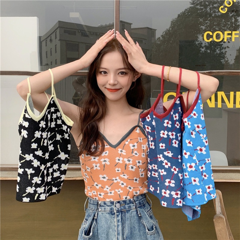 Áo Croptop Dệt Kim Hai Dây Cổ Chữ V In Họa Tiết Hoa Nhiều Màu Sắc Phong Cách Vintage Quyến Rũ Thời Trang Cho Nữ