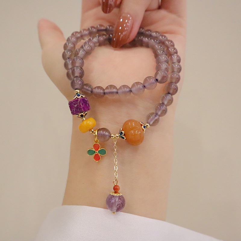 [Hàng Mới] Vòng Tay Mã Não Xám Phong Cách Trung Hoa Cổ Điển Mặt Cỏ Bốn Lá Và Cỏ Bốn Lá