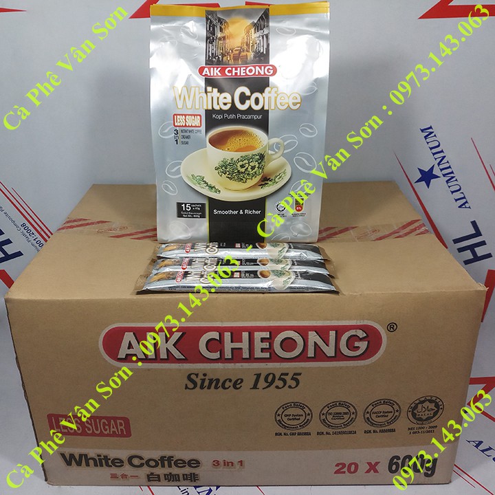 03 bịch Cà phê ít đường Aik Cheong White Coffee (less sugar) 600g (15 gói dài * 40g)