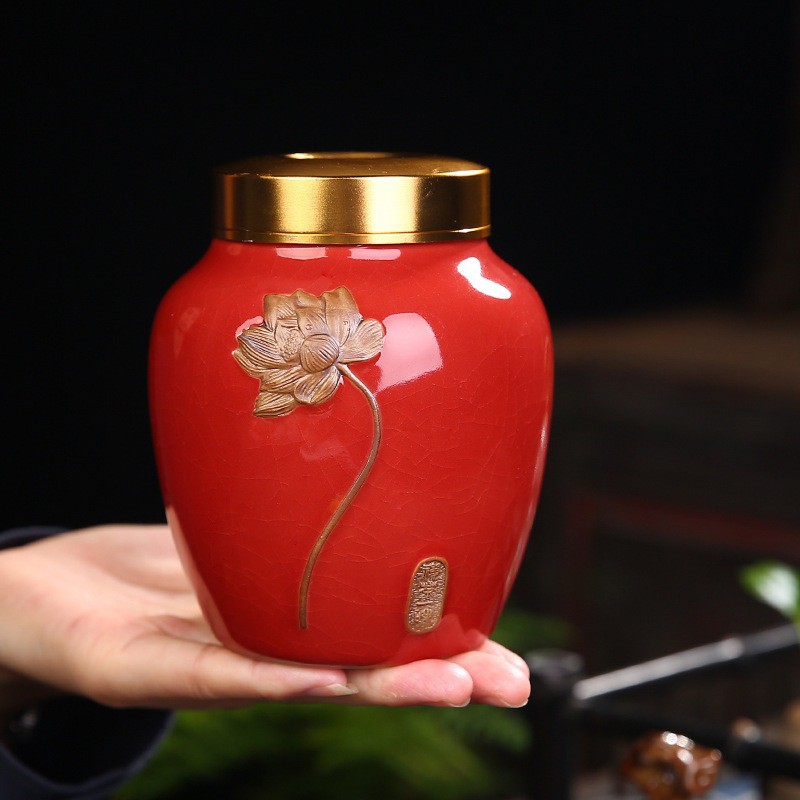 Hũ, Bình đựng trà bằng sứ có nắp đồng siêu khít 380 ml