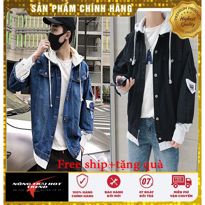 Áo khoác jean nam liền nón mũ nỉ from rộng_3 màu [FREE SHIP CHO ĐƠN HÀNG 150K]