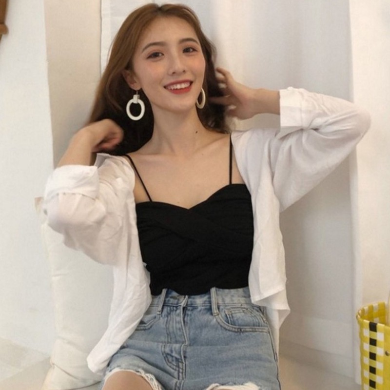 Áo sát nách dây mảnh dệt kim thiết kế màu trơn thanh lịch