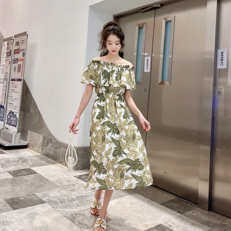 Set áo váy đôi hoạ tiết lá xanh maxi bèo vai chun eo đi biển dễ thương Forever Couple Store (giá gồm áo và váy) | BigBuy360 - bigbuy360.vn