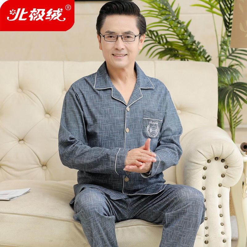 Bộ đồ ngủ nam mùa xuân và thu cardigan cotton dài tay rộng rãi cho người trung niên cao tuổi phù hợp với kích thước lớn