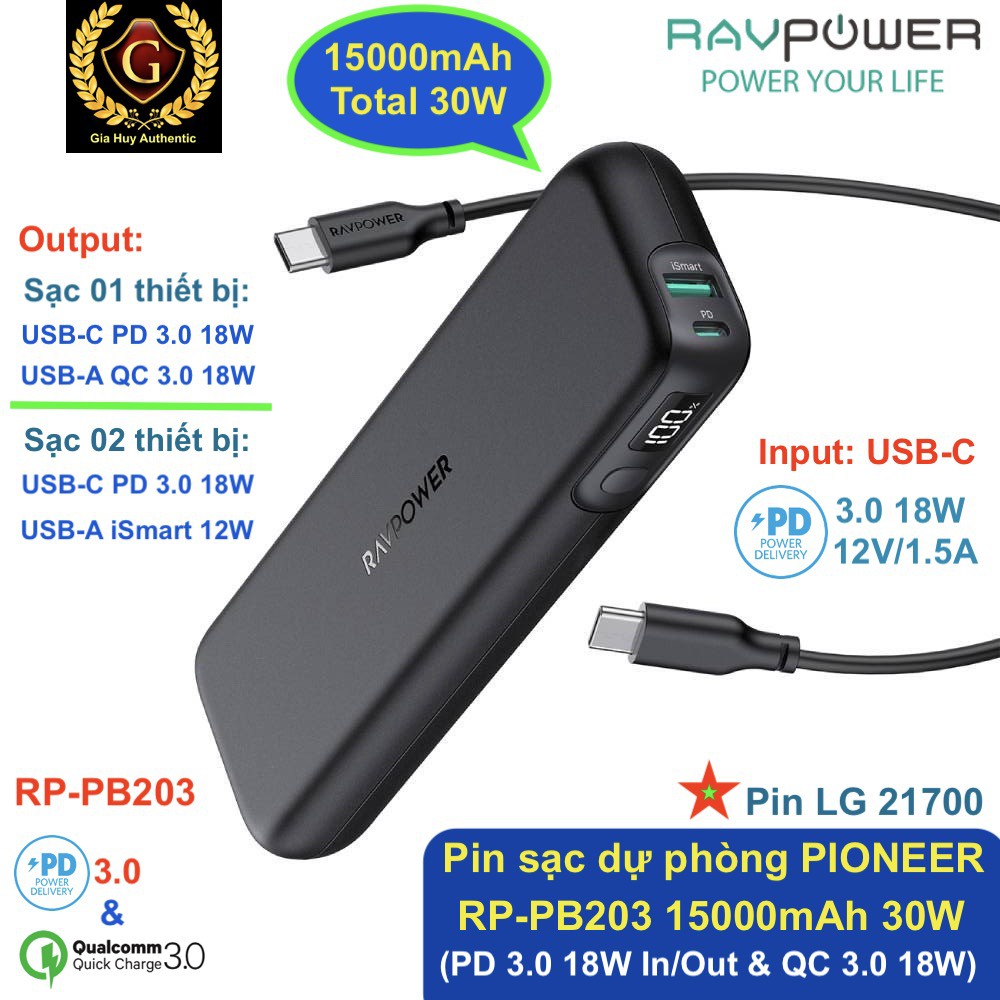 Pin sạc dự phòng RAVPOWER RP-PB203 Pioneer 15000mAh 30W (PD 3.0/ QC 3.0 18W &amp; iSmart 12W)