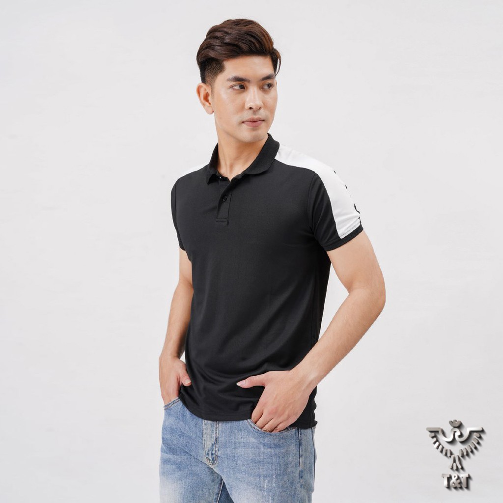 Áo polo nam áo thun nam có cổ tay ngắn phối vai đen trắng kiêu dáng hàn quốc chất cotton co dãn thoáng mát | BigBuy360 - bigbuy360.vn